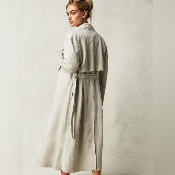 FREE PEOPLE X BLANK NYC Vegan Suede Wrap Trench Coat Iced Chai Women XL NWT - Picture 2 of 16